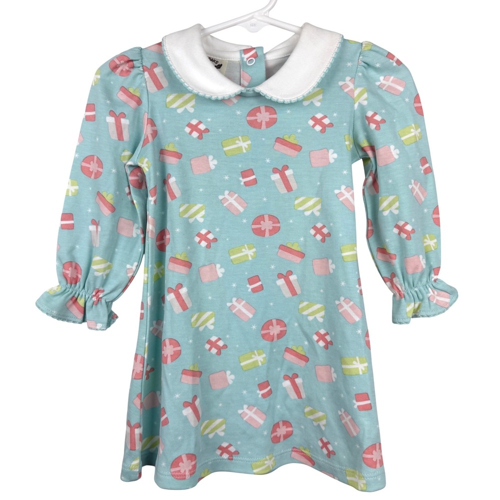The Oaks Apparel Dress Girls 2T Blue Christmas Pima Cotton Peter Pan Collar Gift